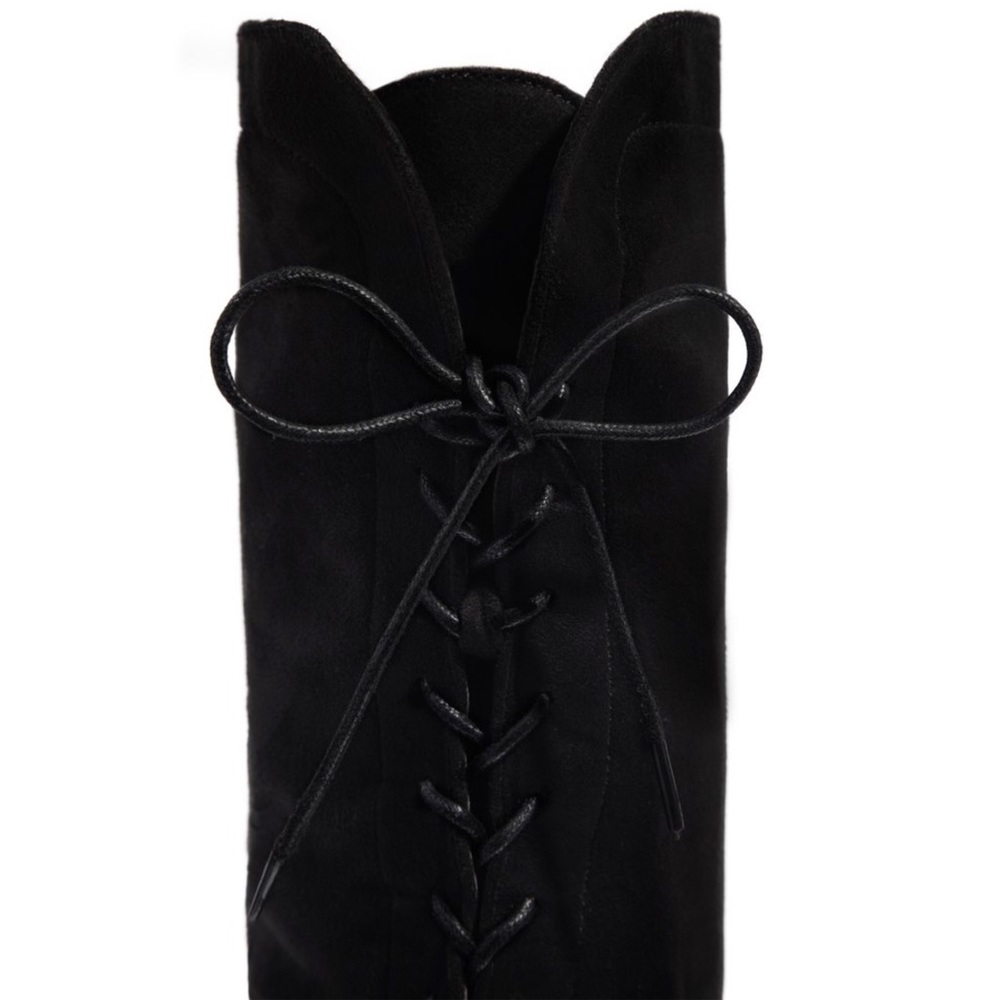 Black Over The Knee Chunky Low Heel Lace Up Boots - Picture 3 of 9